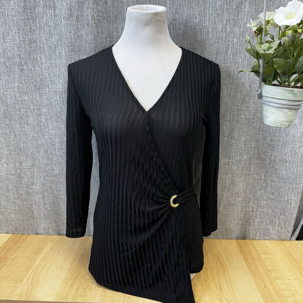 NWT Michael Kors Black Ribbed Surplice Wrap Top Gold O-Ring Hardware Small $88
